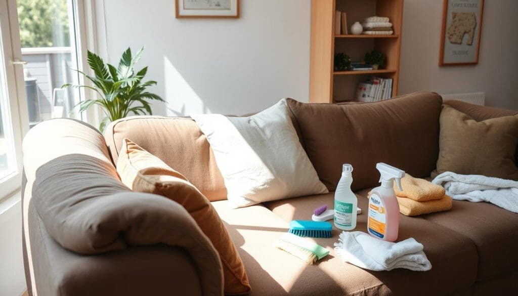 Cleaning supplies on brown couch in sunlit living room