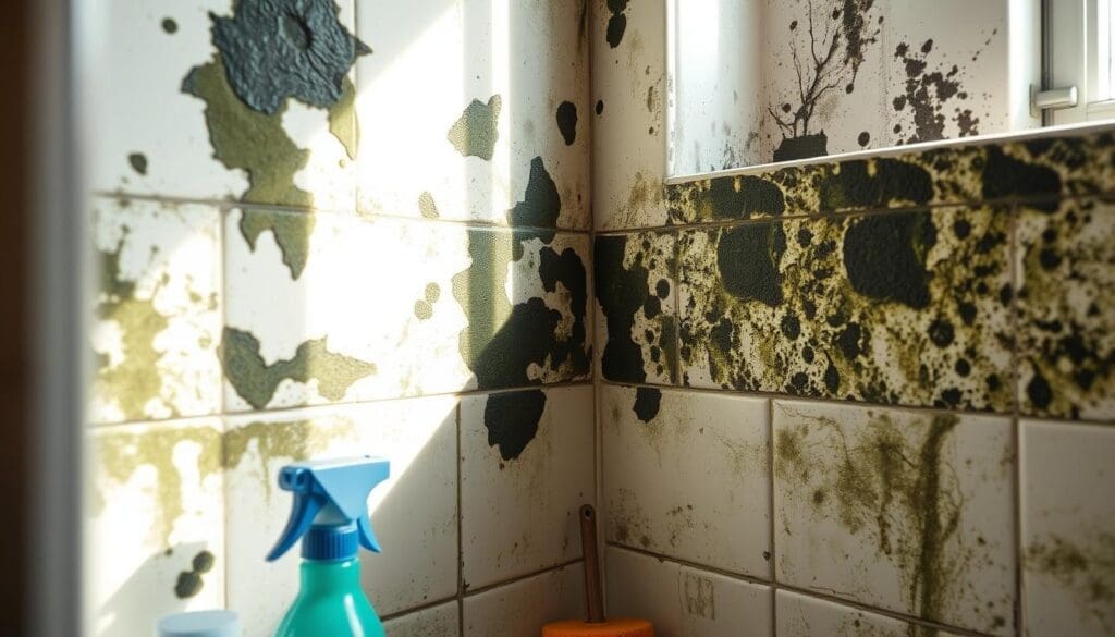 moldy bathroom tiles with cleaning spray bottle