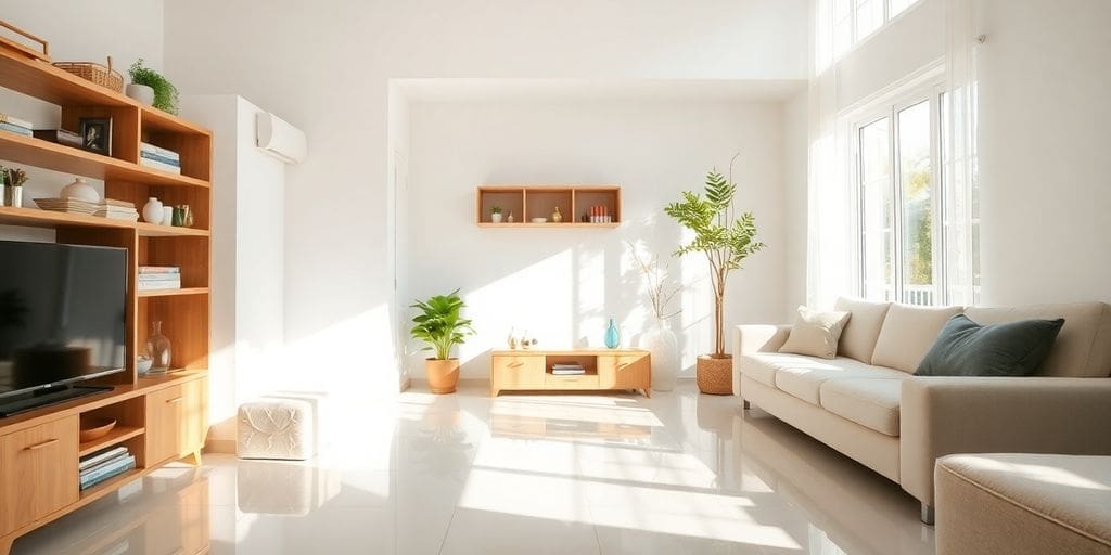 bright living room with beige sofa and wooden shelves