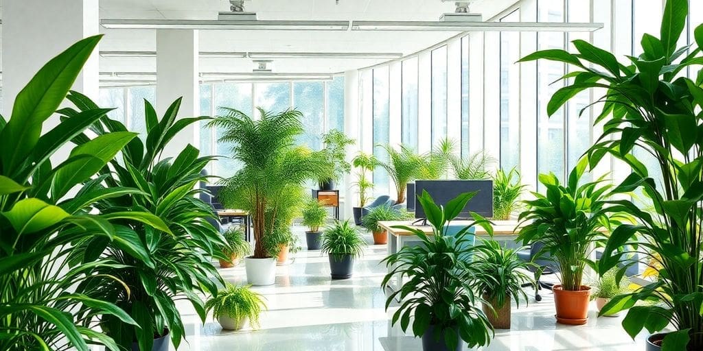 bright office with large green plants and natural light