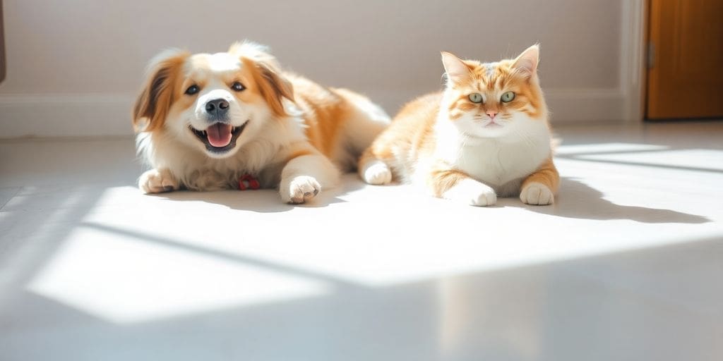 smiling dog and relaxed cat on sunlit white floor