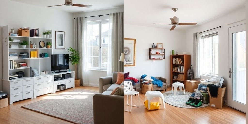 tidy living room with shelves next to cluttered room with boxes