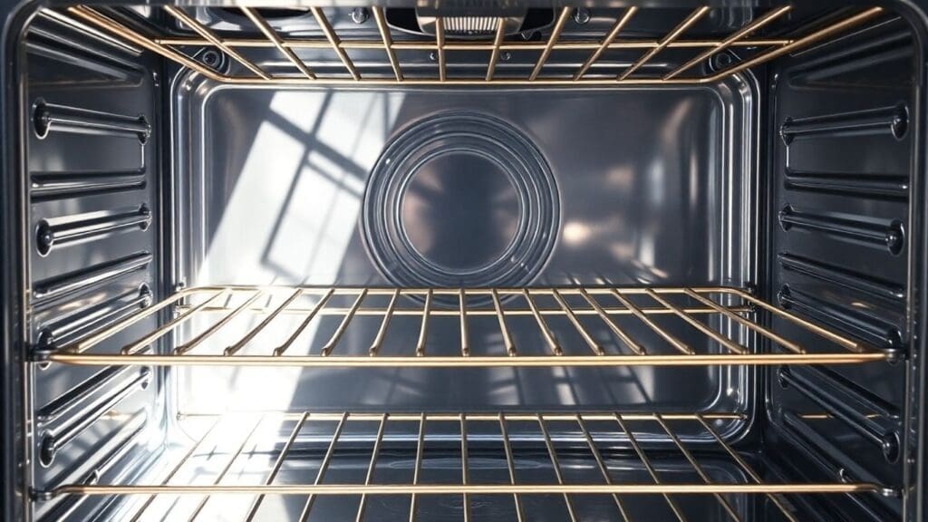 clean oven interior with shiny metal racks