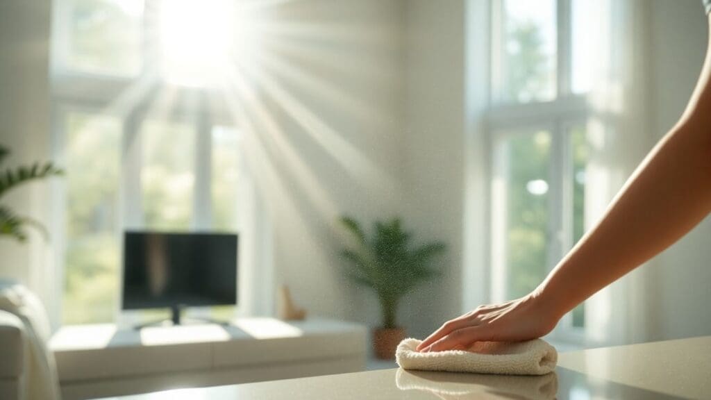 hand wiping countertop in sunlit living room