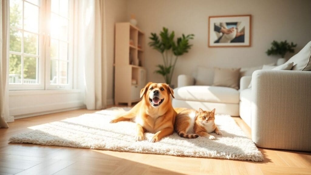 happy dog and cat on rug in sunlit living room