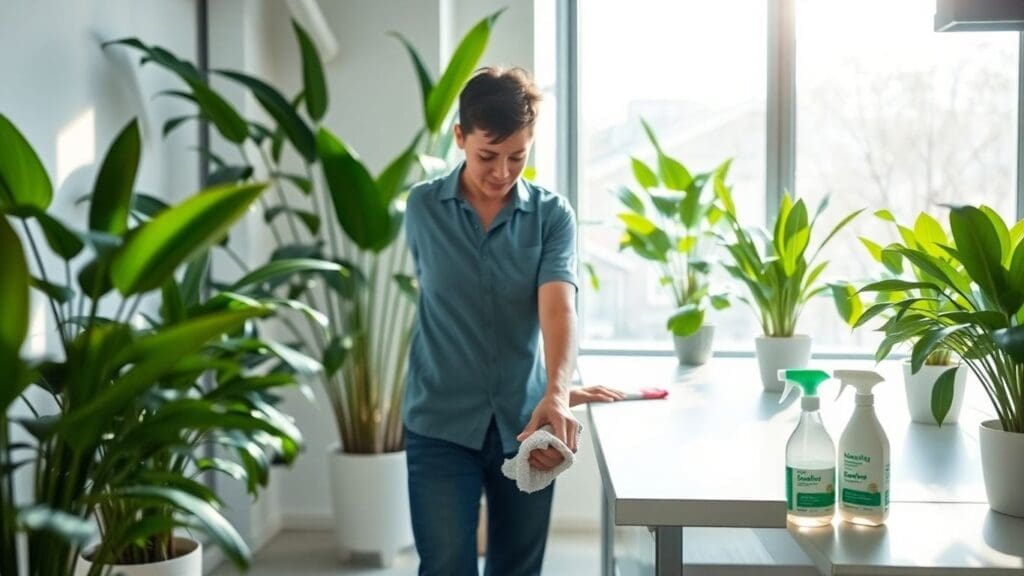 person cleaning office desk with eco-friendly products