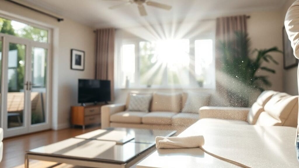 Sunlit living room with dust motes and cleaning cloth