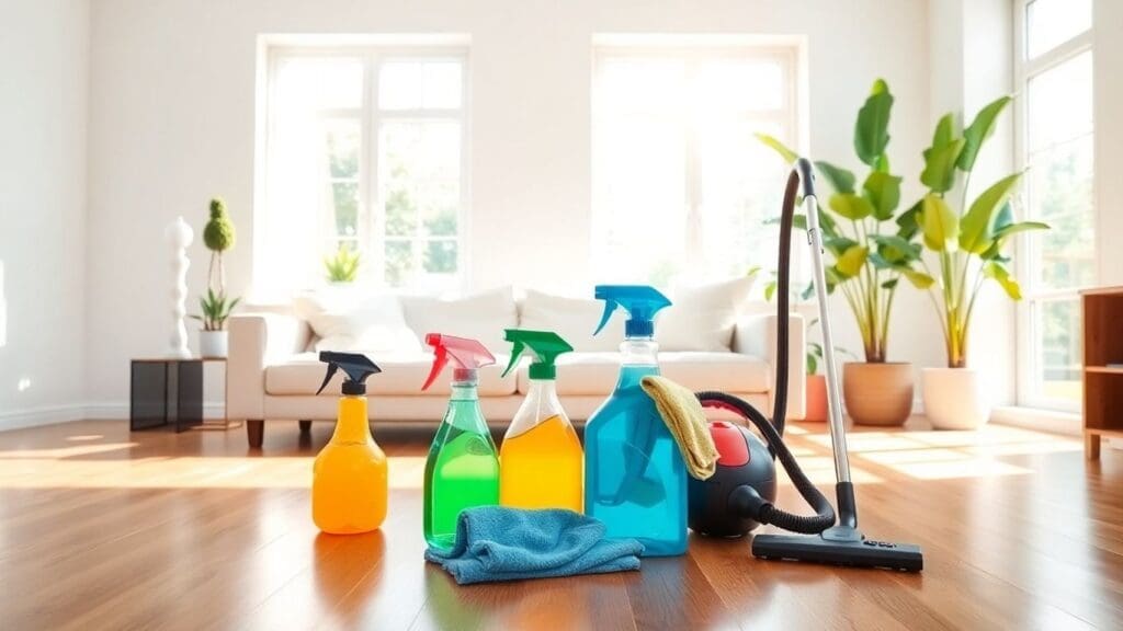 cleaning supplies and vacuum on wooden floor in sunny living room