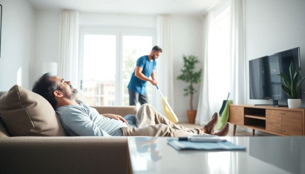 man relaxing on sofa while cleaner mops floor