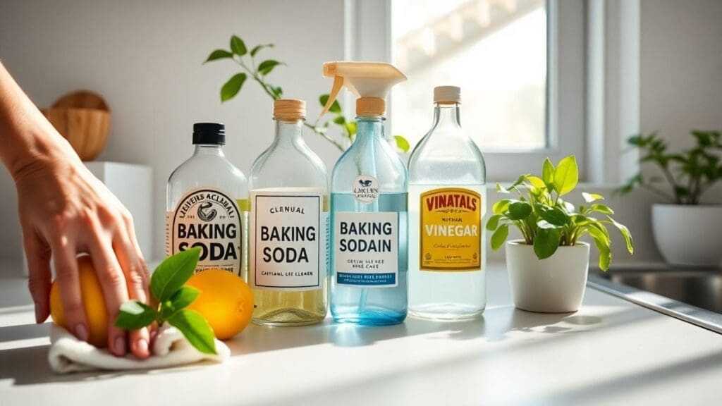 hand cleaning with lemon near baking soda and vinegar bottles