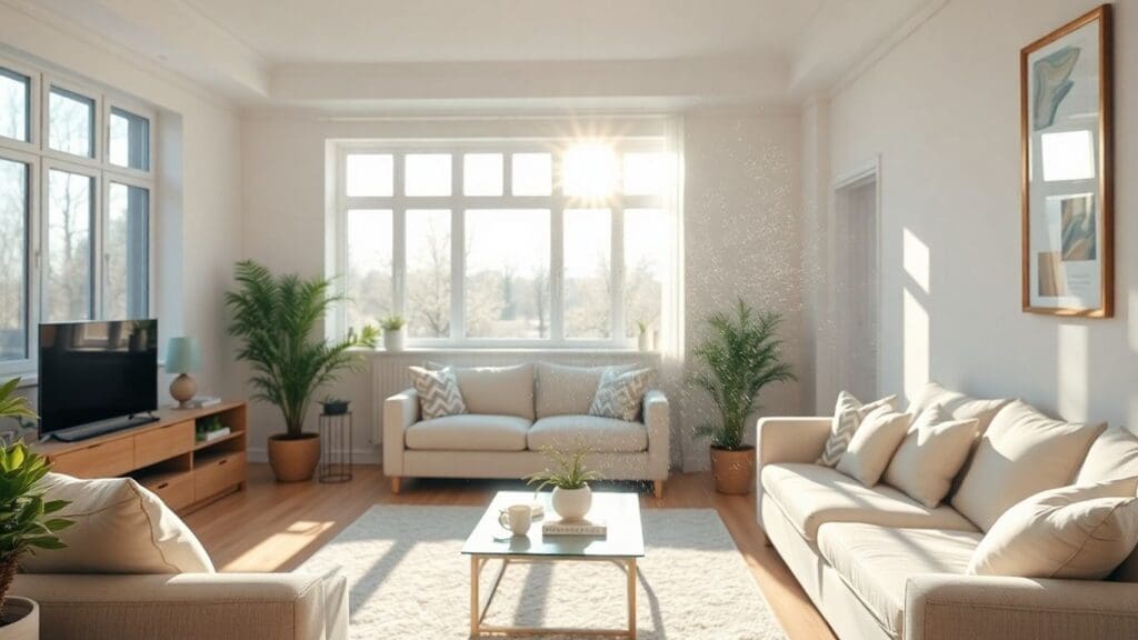 sunlit living room with beige sofas and plants