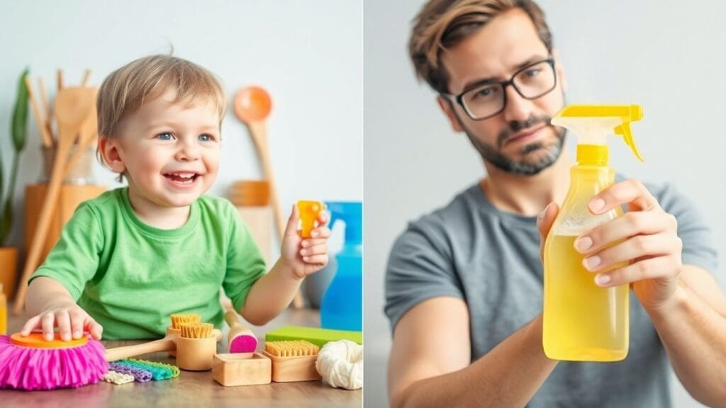 Smiling child with eco brushes and man examining spray bottle