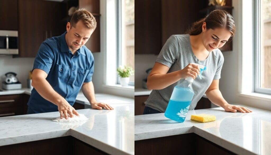 man and woman cleaning kitchen counters with spray and cloth
