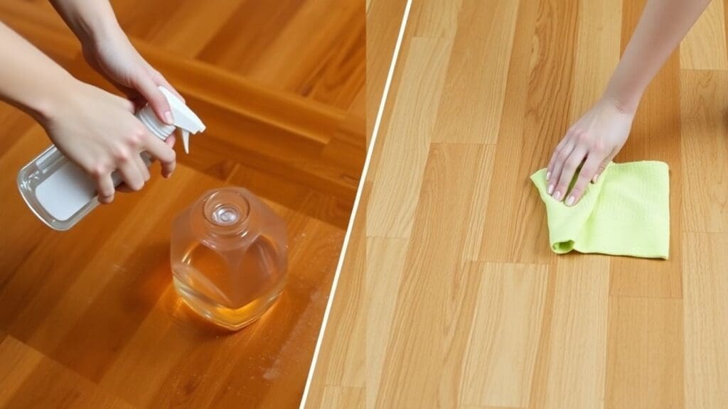 Hands cleaning wood floor with spray and cloth