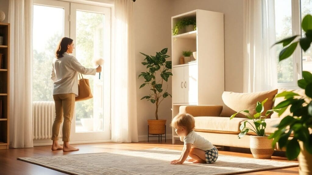 woman with bag and child in sunlit living room
