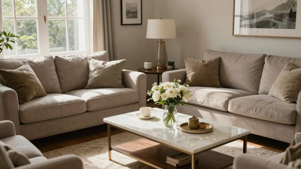Beige sofas with cushions in a cozy living room