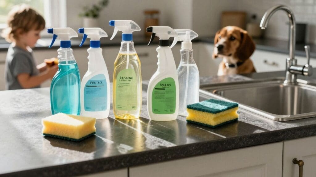 cleaning bottles and sponges on kitchen counter with child and dog