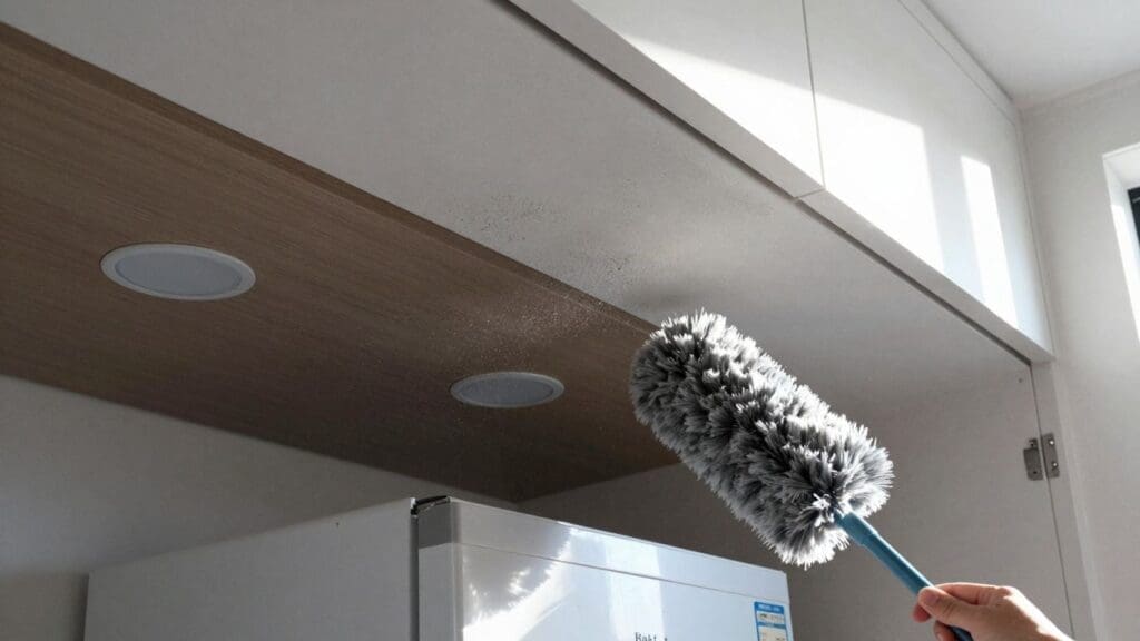 hand using gray duster to clean kitchen cabinet top