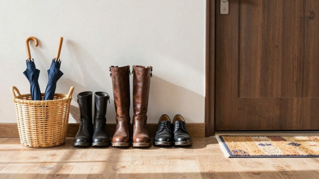 entryway with boots shoes umbrellas by wooden door