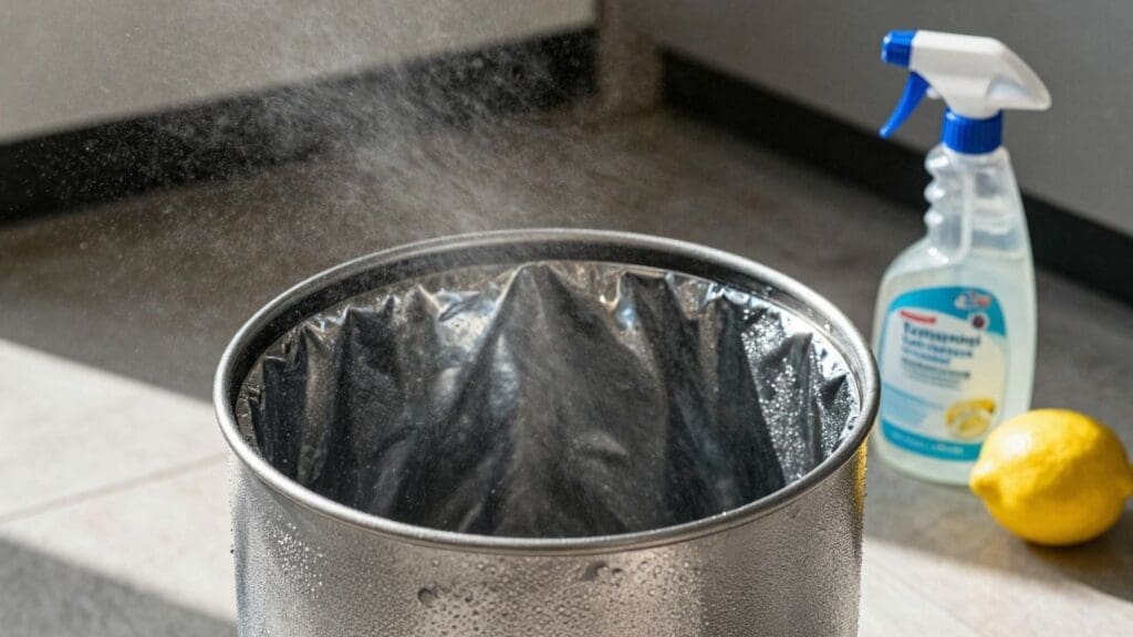 trash can with black liner and cleaning spray bottle