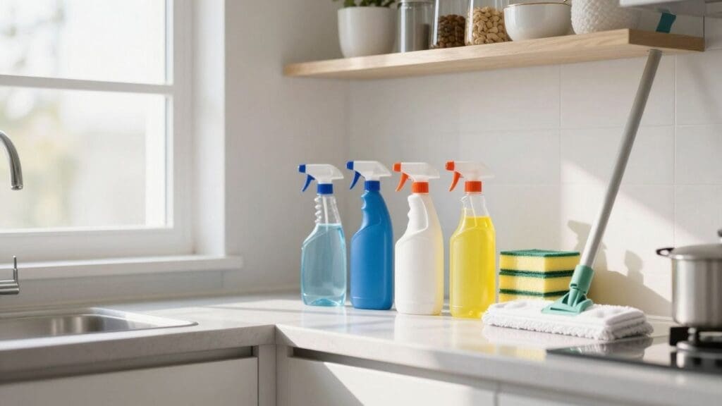 cleaning bottles and mop on kitchen counter