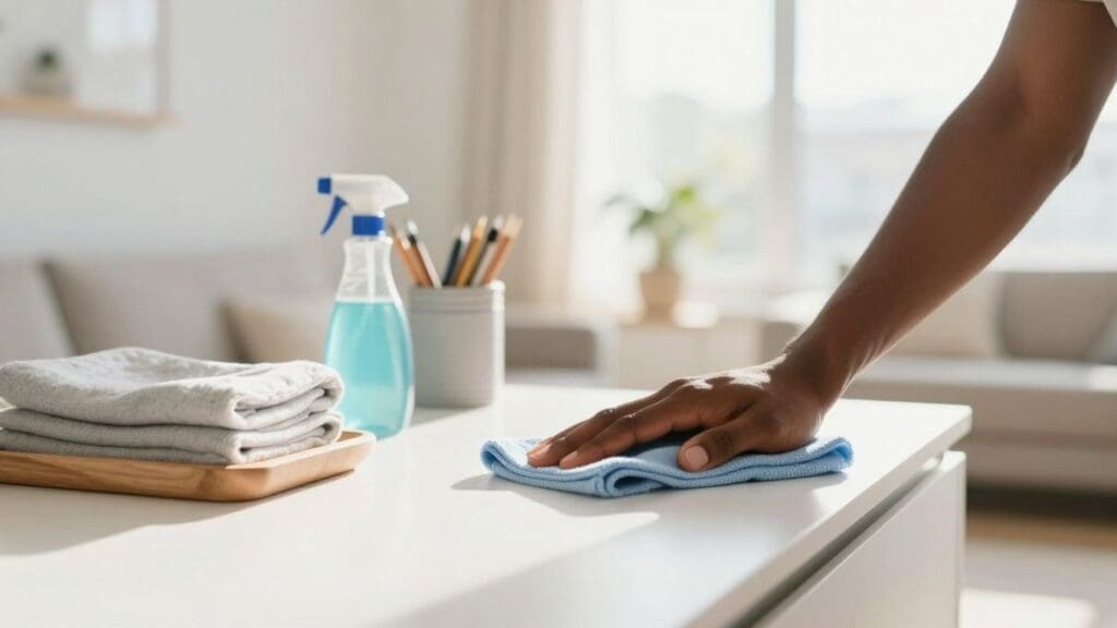 Person cleaning white table with blue cloth in bright room