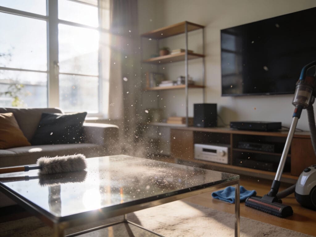dust particles in sunlight with vacuum and duster in living room
