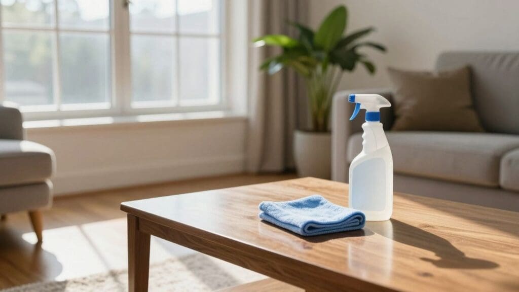 Spray bottle and cloth on wooden table in bright living room