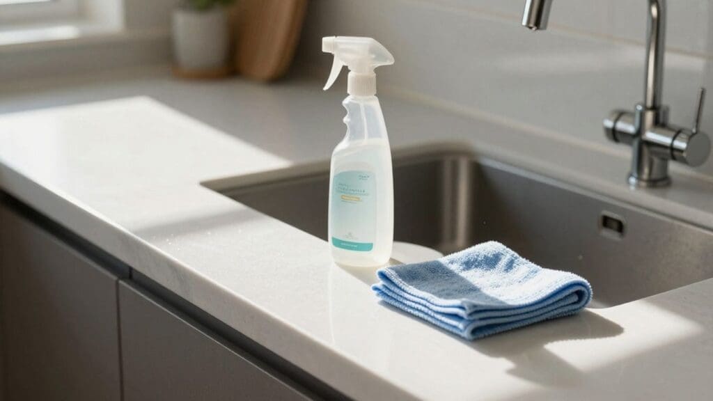 Spray bottle and blue cloth on white kitchen counter