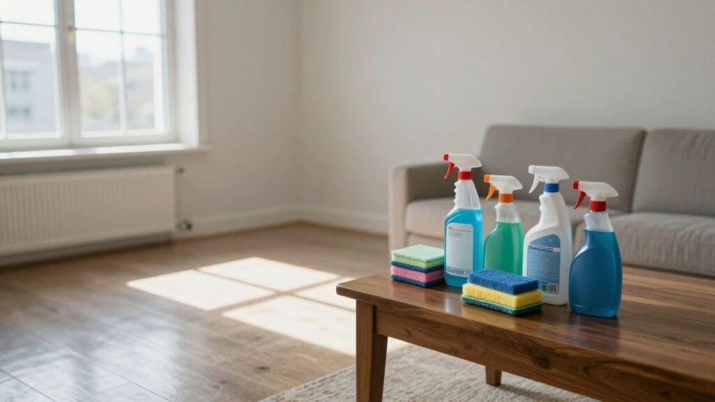 cleaning supplies on wooden table in bright living room