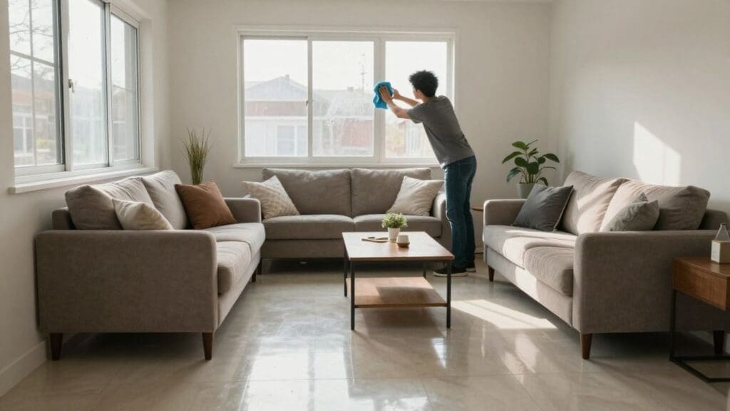 person cleaning window in bright living room