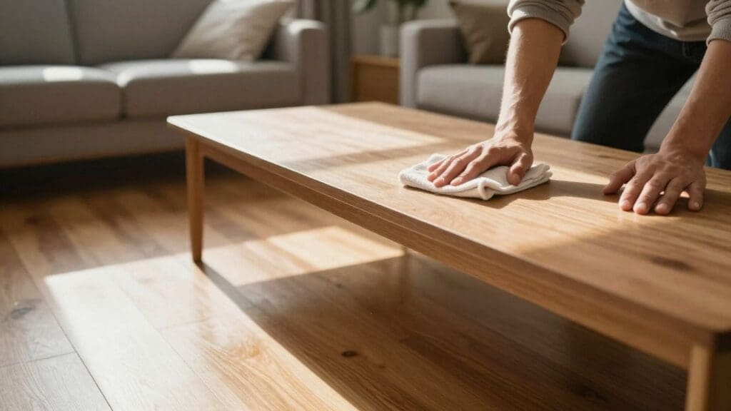person cleaning wooden coffee table with cloth