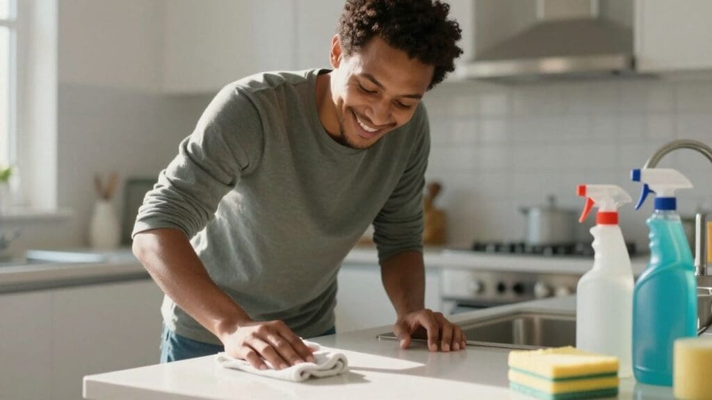 man cleaning kitchen counter with spray bottles nearby