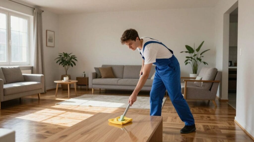man in blue overalls cleaning wooden table in living room