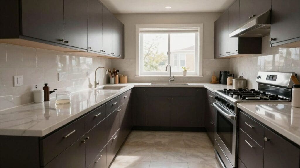 modern kitchen with dark cabinets and stainless steel appliances