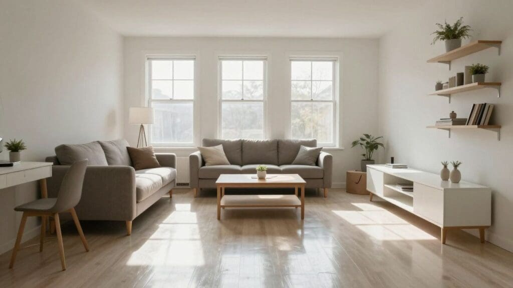 modern living room with gray sofas and wooden furniture
