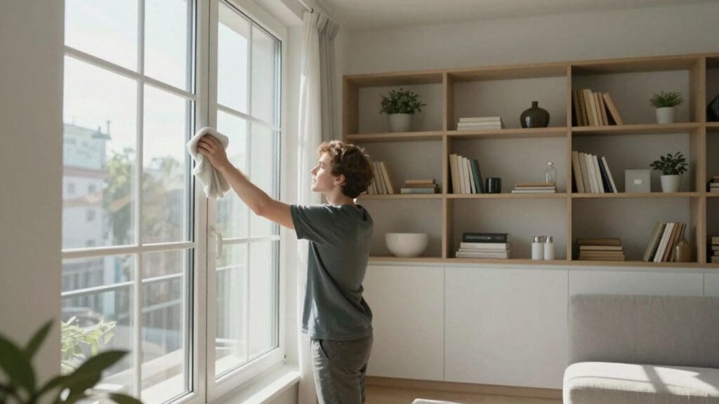 Person cleaning large window in bright living room