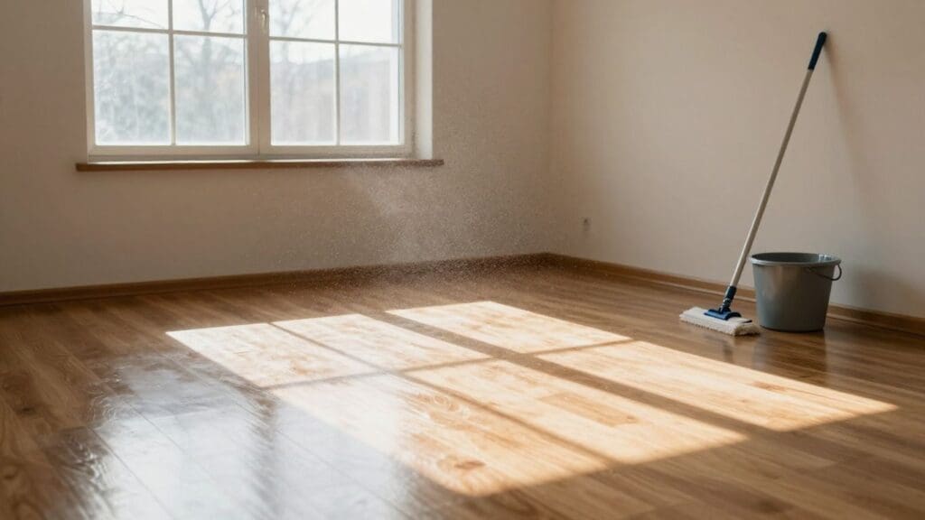 Sunlit room with wooden floor, mop, and bucket