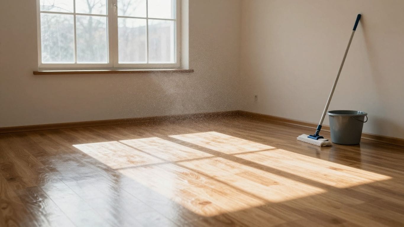 Sunlit room with wooden floor, mop, and bucket