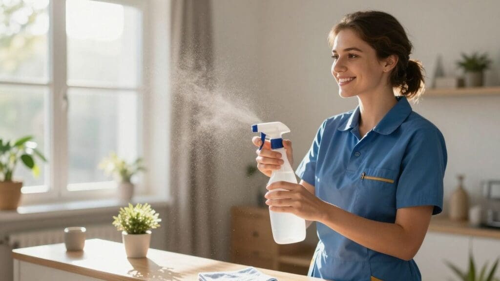 woman in blue uniform spraying cleaner in bright kitchen