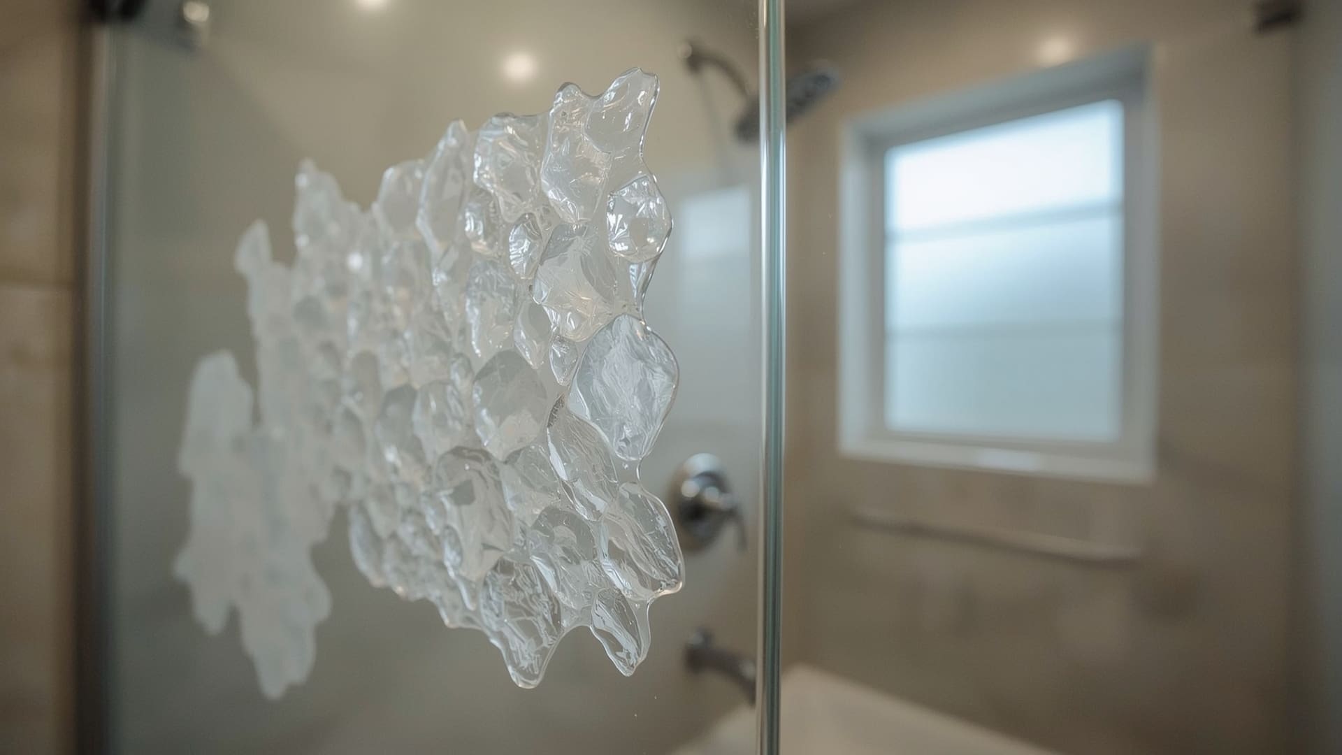 Close-up macro of white hard water mineral deposits on glass shower door