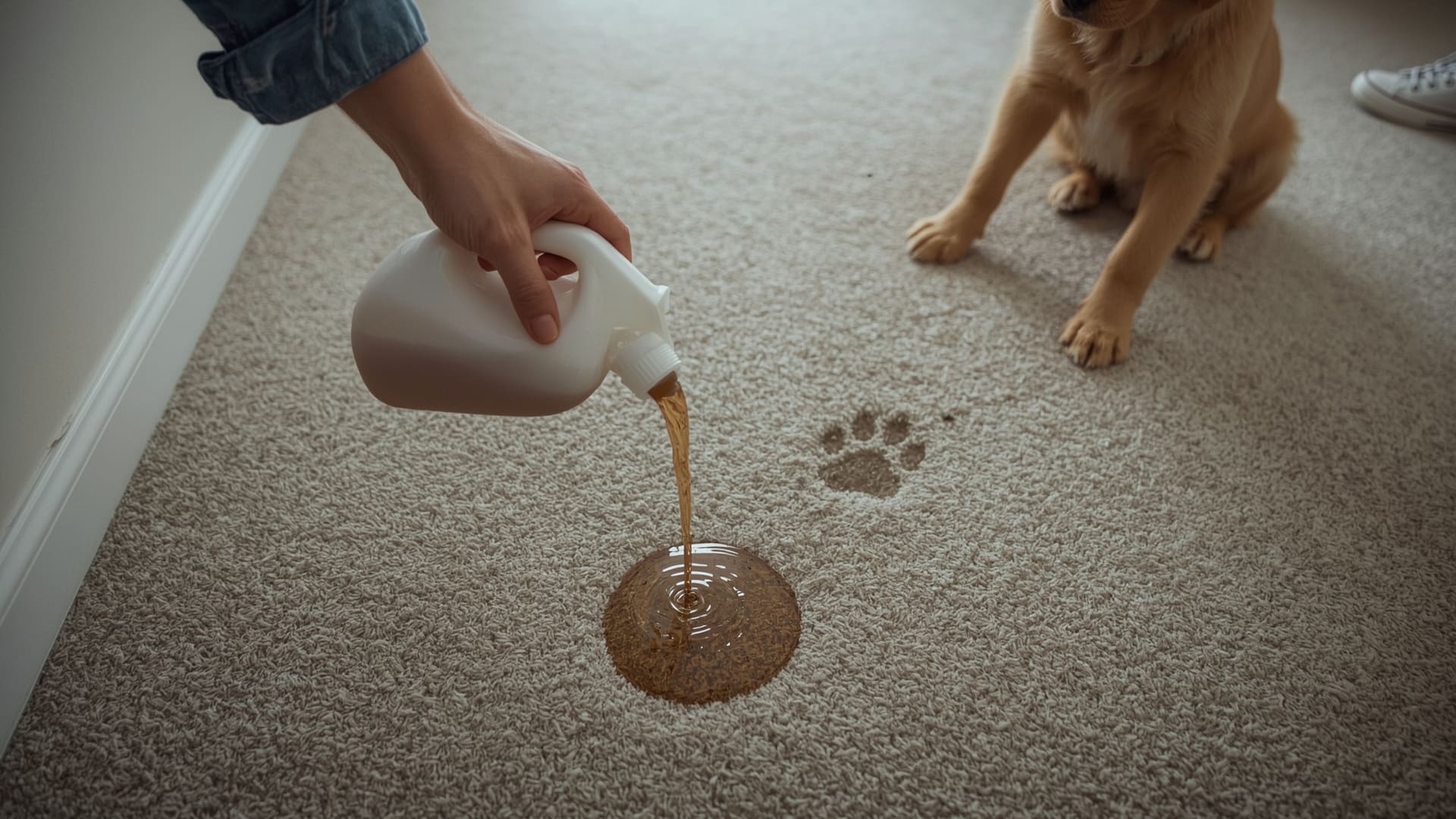 Enzymatic cleaner being applied to pet stain on gray carpet with dog nearby