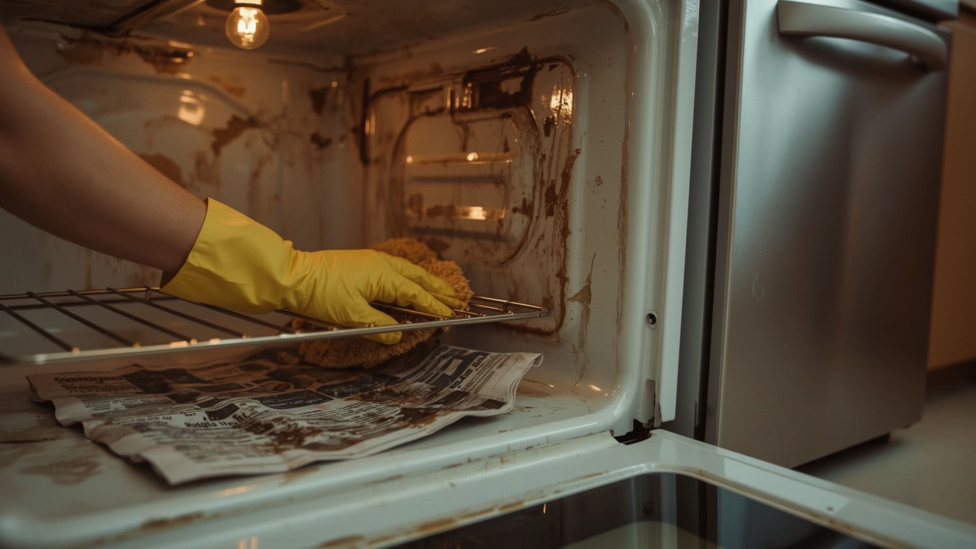 Gloved hands scrubbing oven interior during move-out deep cleaning kitchen checklist