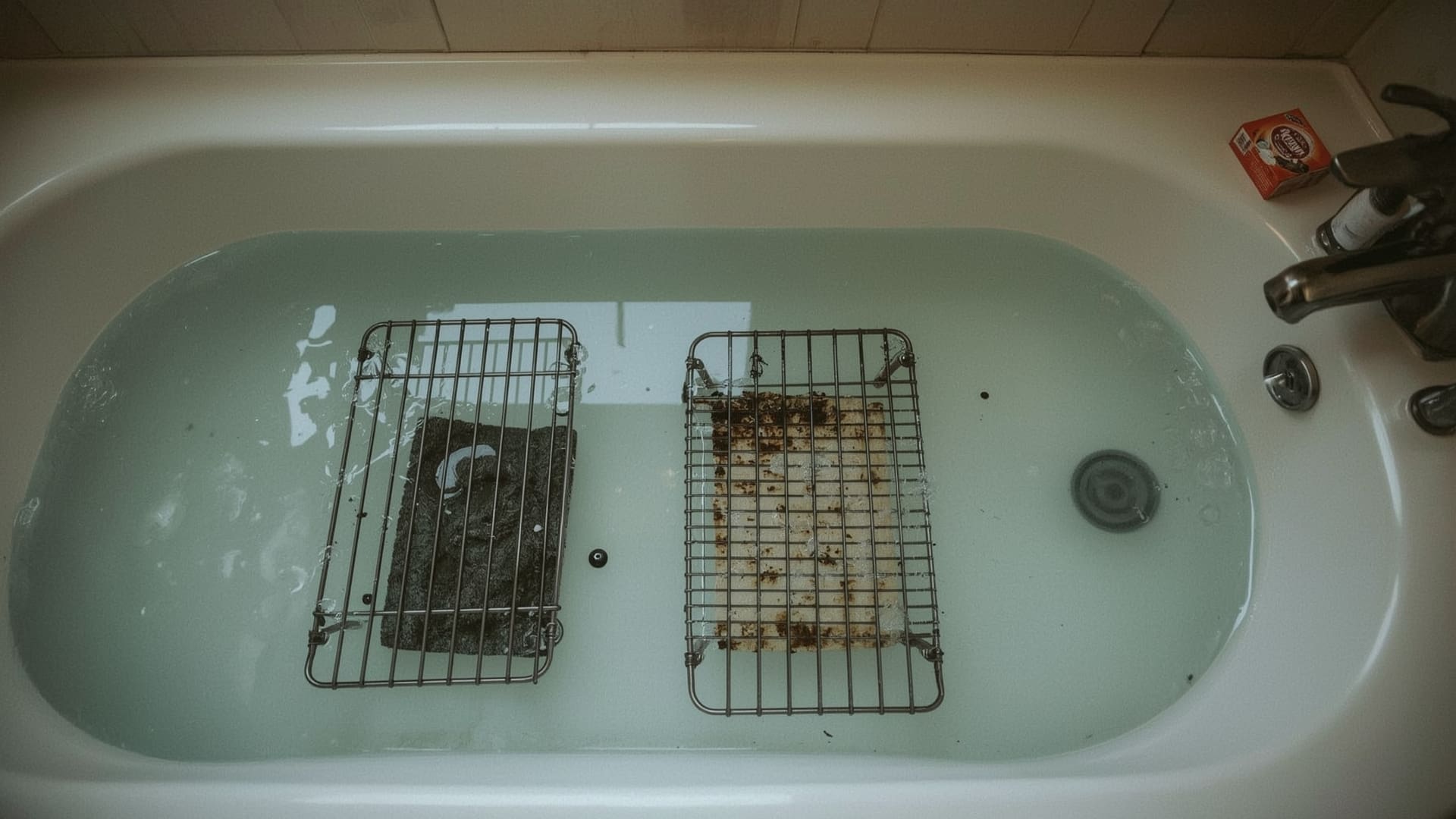 Greasy oven racks soaking in a bathtub filled with soapy water