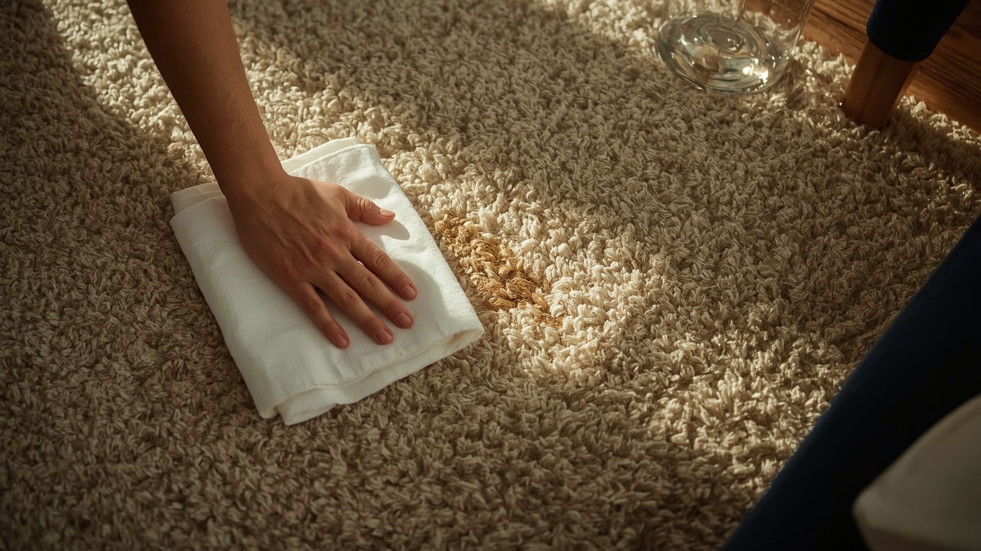 Hands blotting a carpet stain with a white cloth using correct technique
