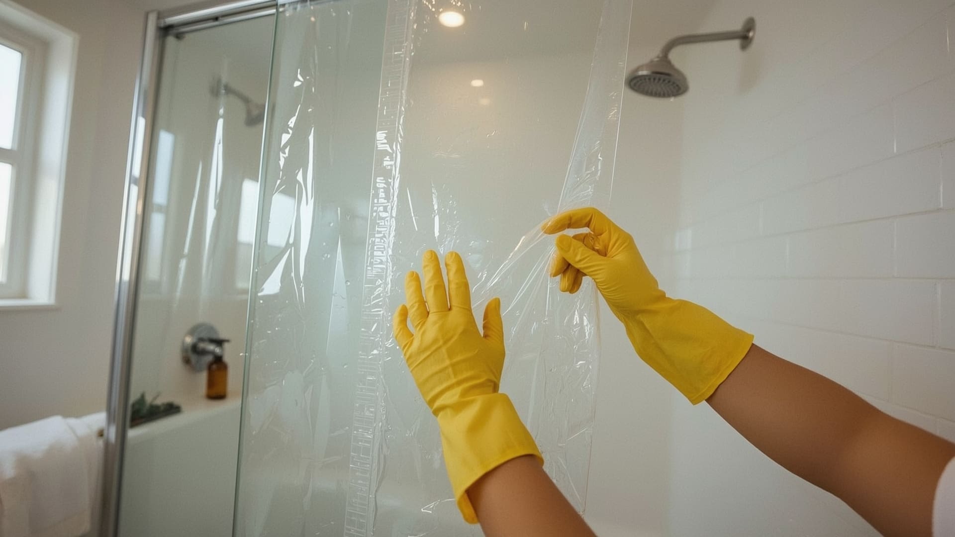 Hands in rubber gloves applying plastic wrap over vinegar on glass shower door
