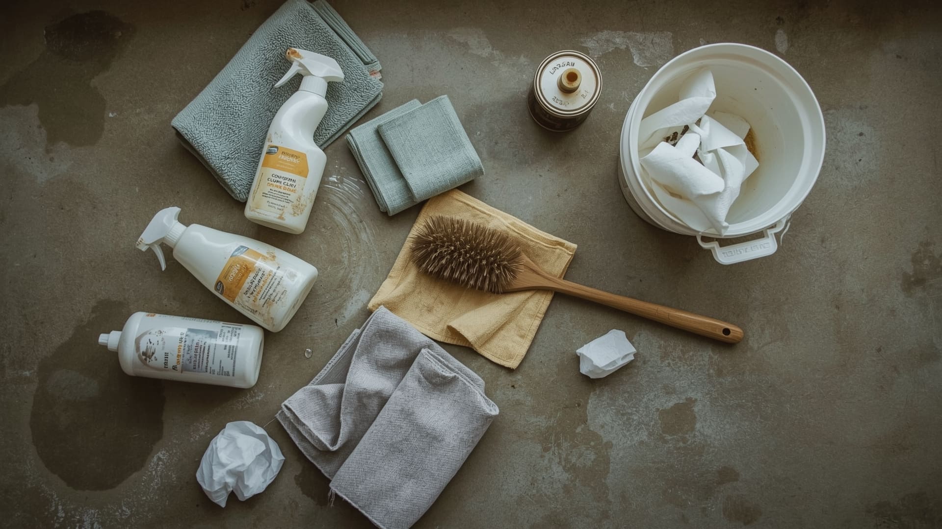 Move-out cleaning supplies arranged on concrete floor before deep cleaning begins