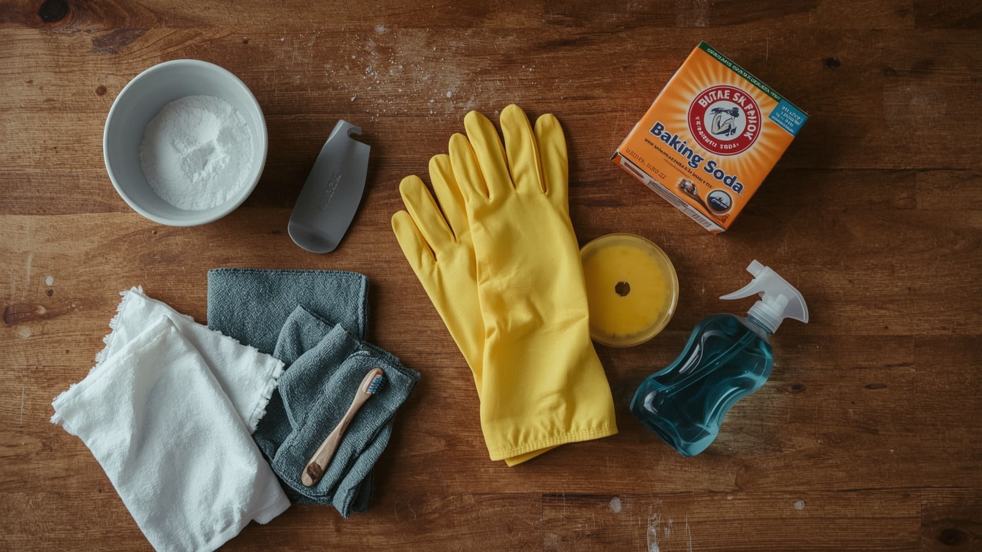 Overhead flat lay of oven cleaning supplies on a worn butcher block countertop