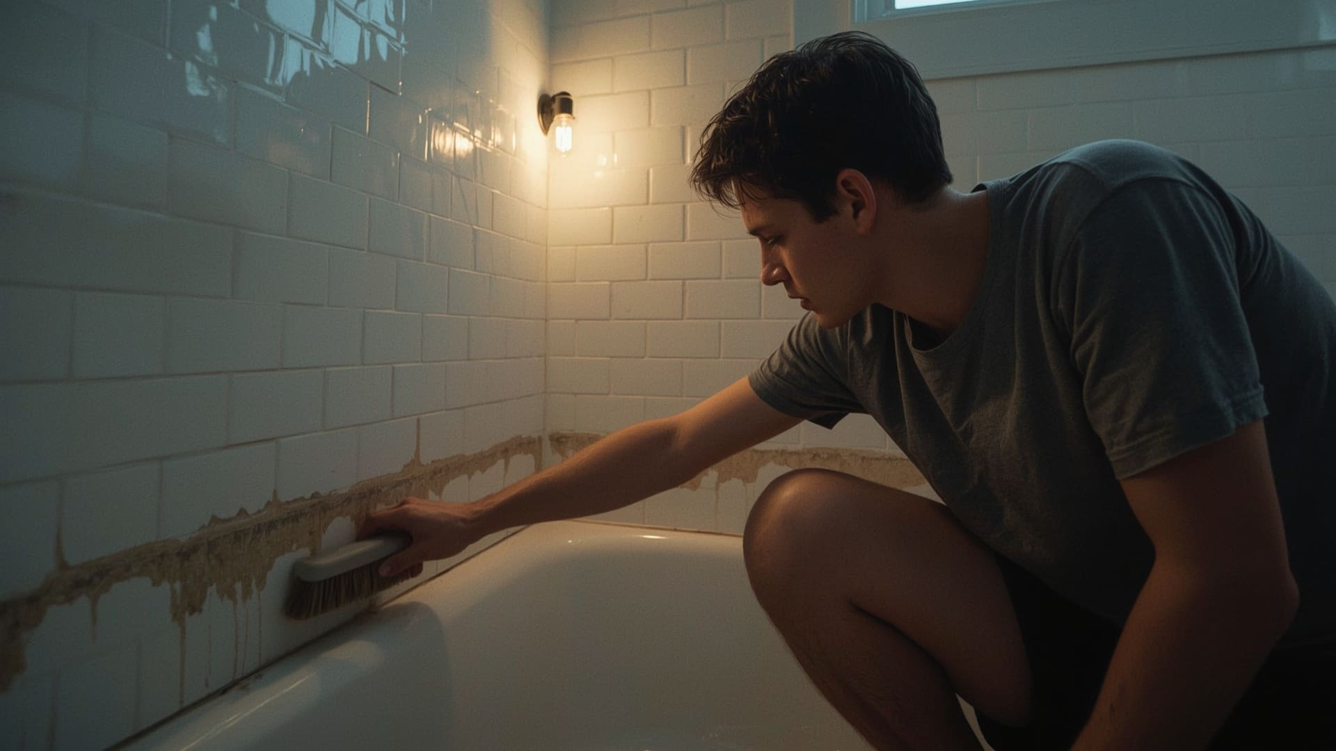 Person scrubbing bathroom tile grout during move-out cleaning inspection preparation