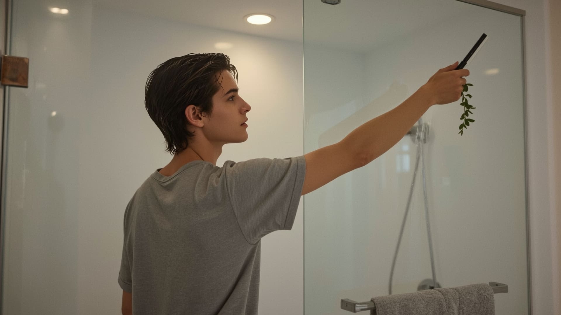 Person using a squeegee on wet glass shower door to prevent hard water stains